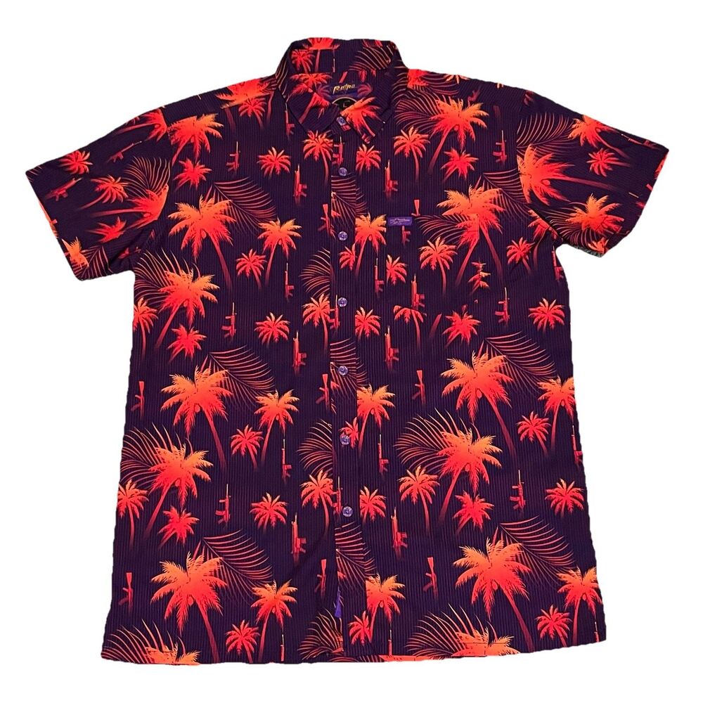 Retro Rifle Shirt Men’s Large Purple Orange Hawaiian Button Down Coastal Palm